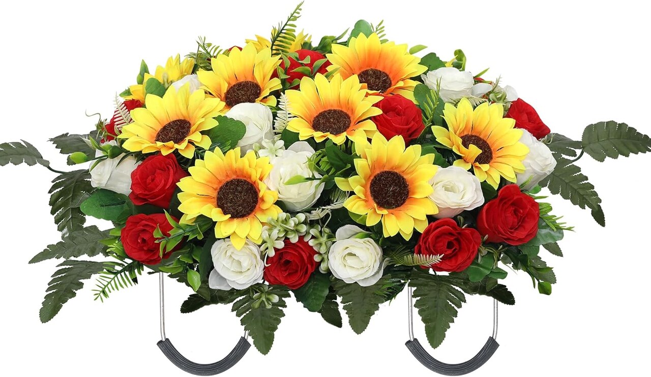 Artificial Cemetery Flower Saddle – Large Headstone Grave Decoration with Red & White Roses and Sunflowers, Memorial Tombstone Floral Arrangement
